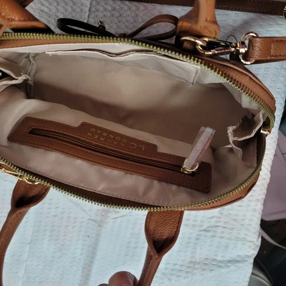 LC Lauren Conrad Cognac Brown Pebbled Faux Leather Bow Satchel Crossbody Bag - Picture 3 of 5